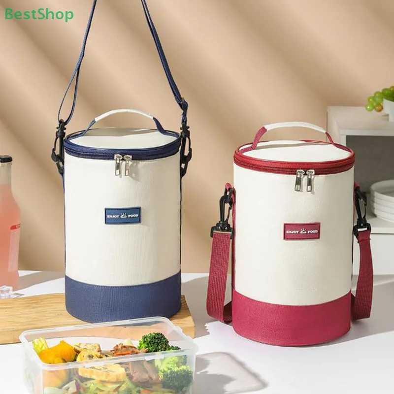 Cylindrical Insulated Bag Has Shoulder StrapsRound Multi-layer Lunch Box BagHandheld Crossbody Bento BagM251121