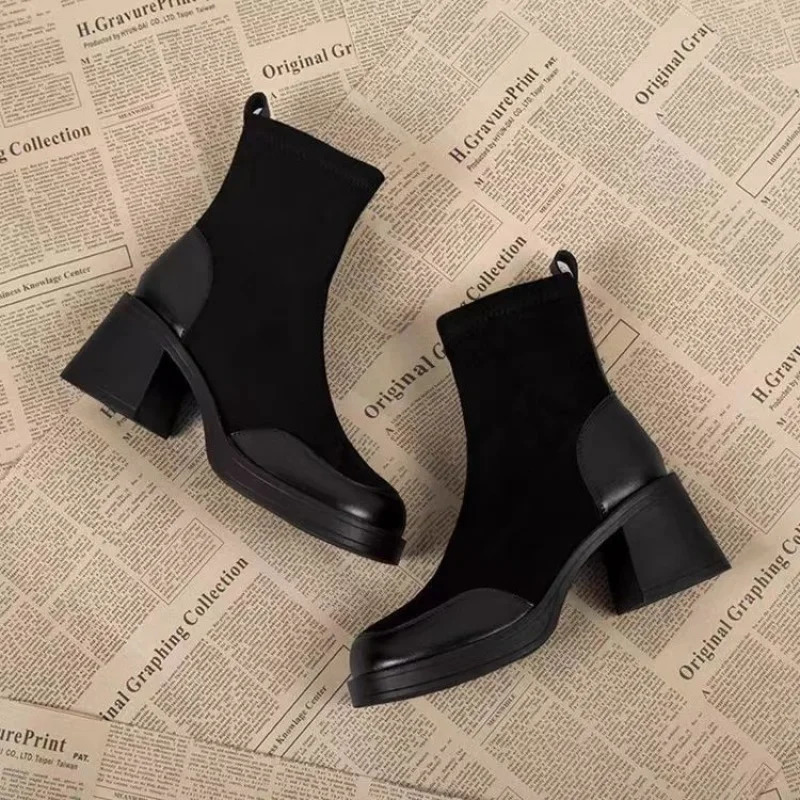 FallWinter Womens French Style Suede Ankle Boots Chunky Heel Side Zipper Short Faux Fur Lined Warm 251121