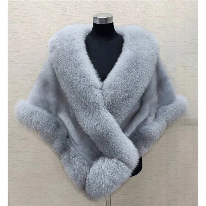 Autumn and Winter Mink Fur Fox Fur Cape Versatile Cape Fur Coat Lady Fashion Party Blue 251112