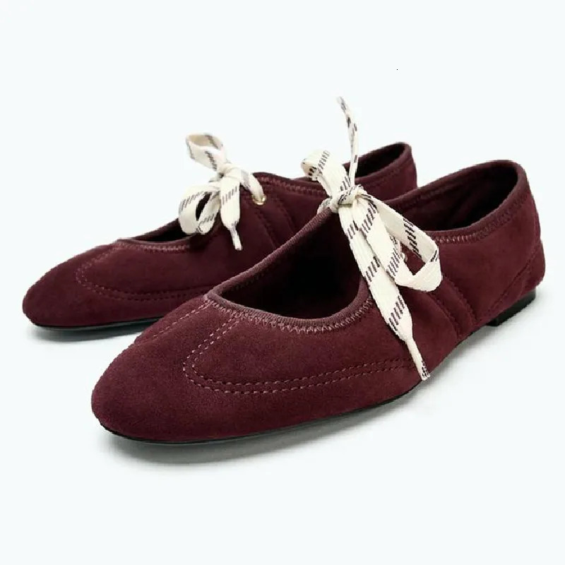Fashion Lace Up Sewing n Ballet Flats Women High Quality Faux Suede Mary Jane Shoes Comfortable Round Toe Loafers 251121