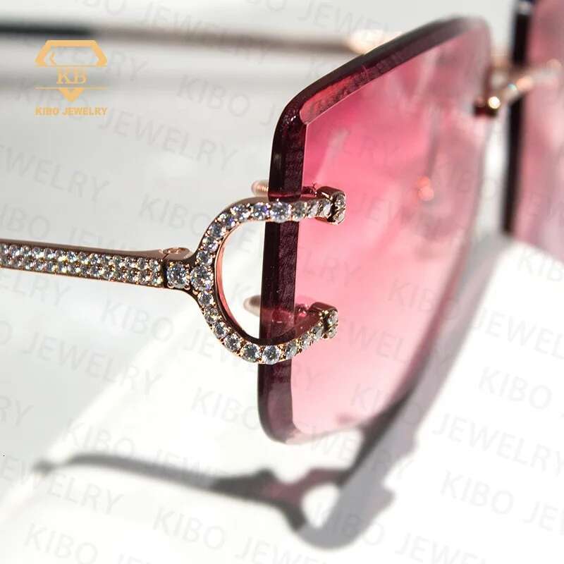 Hip Hop Jewelry Sunglasses Pink Lens Yellow Gold Plated Iced Out Men VVS Moissanite Glasses