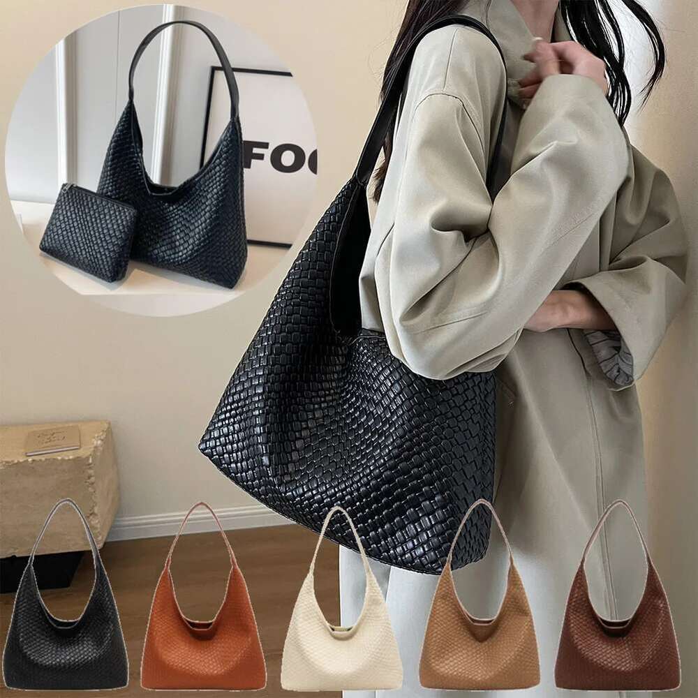 Women Fashion Large Shoulder With Pouch Top Handle Ladies Casual PU Woven Tote Leather Armpit Handbag Shopping Bag Bag