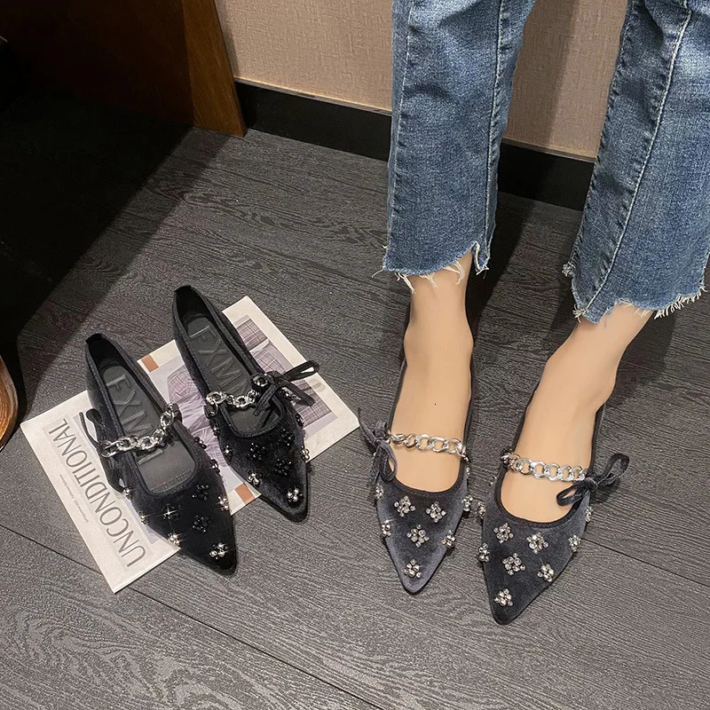 Flat Shoes Women French Mary Jane Pointed Toe Chain Diamond Bottom Spring Black Ladies 251121