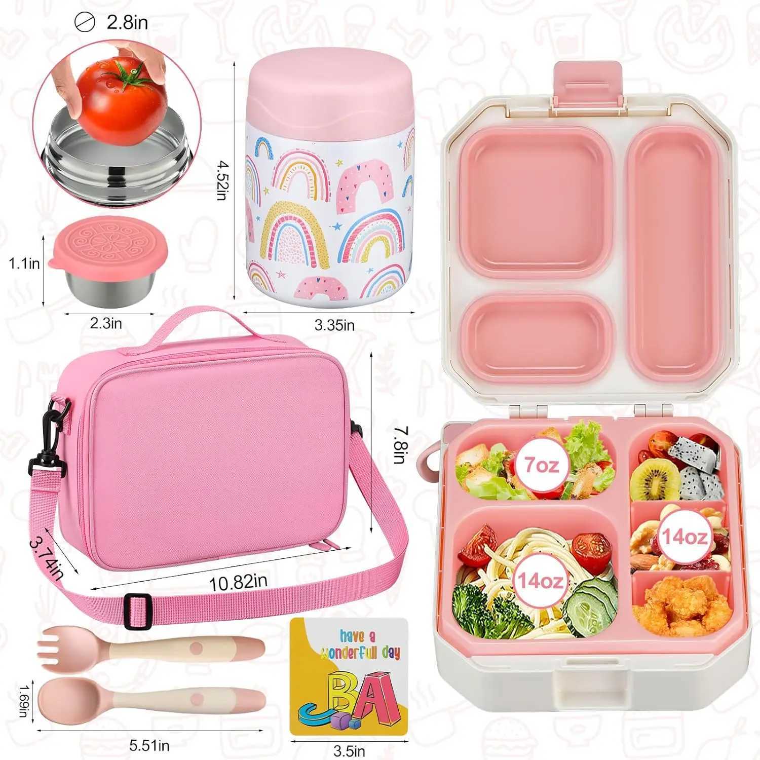 Bento Lunch Box for Kids with 12oz Soup Thermo Leak-Proof Lunch Food Container with 5 Compartment Thermo Hot Food Jar and InsulaM251121