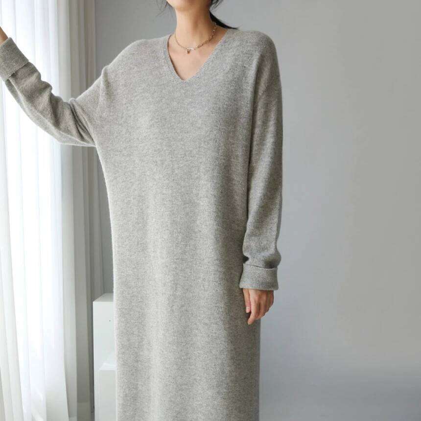 Long Sweater Autumn Winter New V Neck Knitted Loose Women Maxi Cashmere Dress Korean Style Elegant Dresses