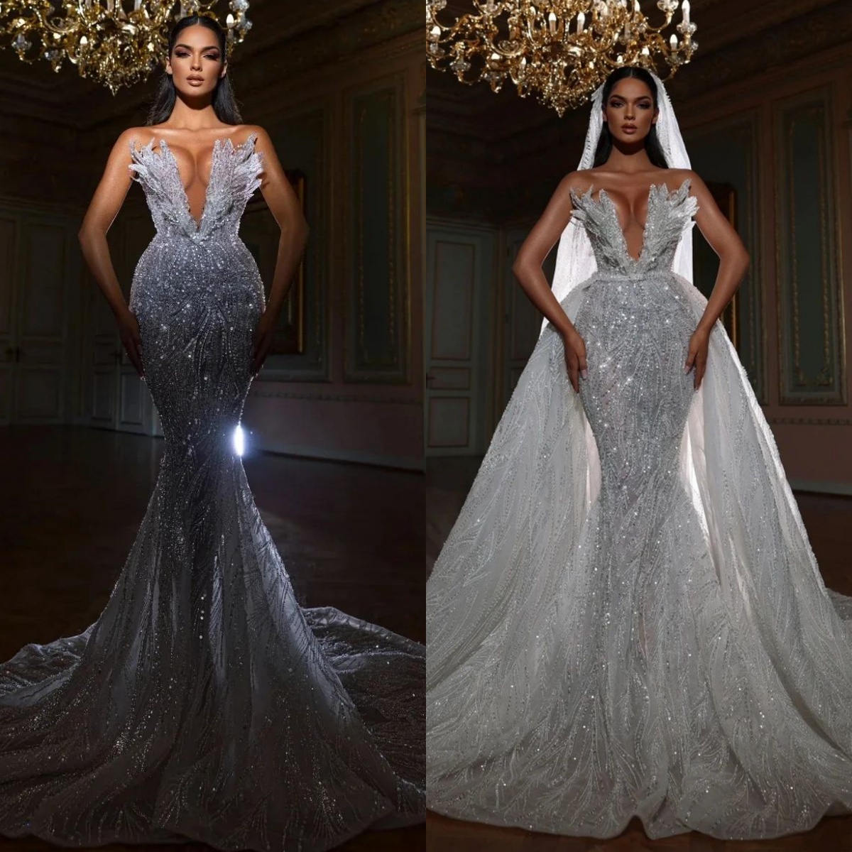 Modern Wedding Dresses Sequins Pearls Bridal Gowns Strapless Detachable Train Sleeveless Illusion Customized Princess Sweep Train Bride Dress Vestidos
