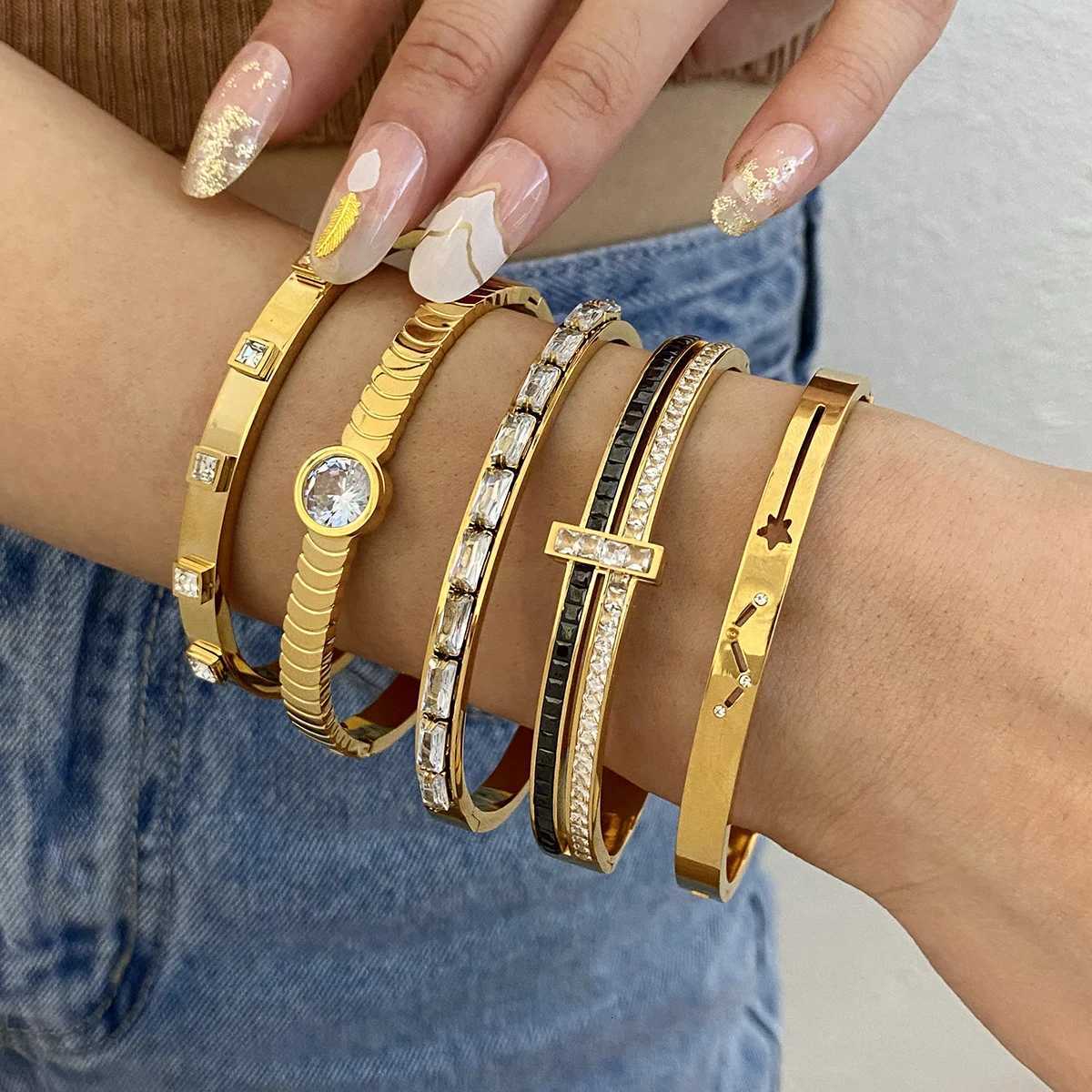 Flashbuy New Trendy Chic Zircon Stainless Steel Bangle Bracelets for Women Charm Texture Simple Gold Color Accessories Teen GiftW251121