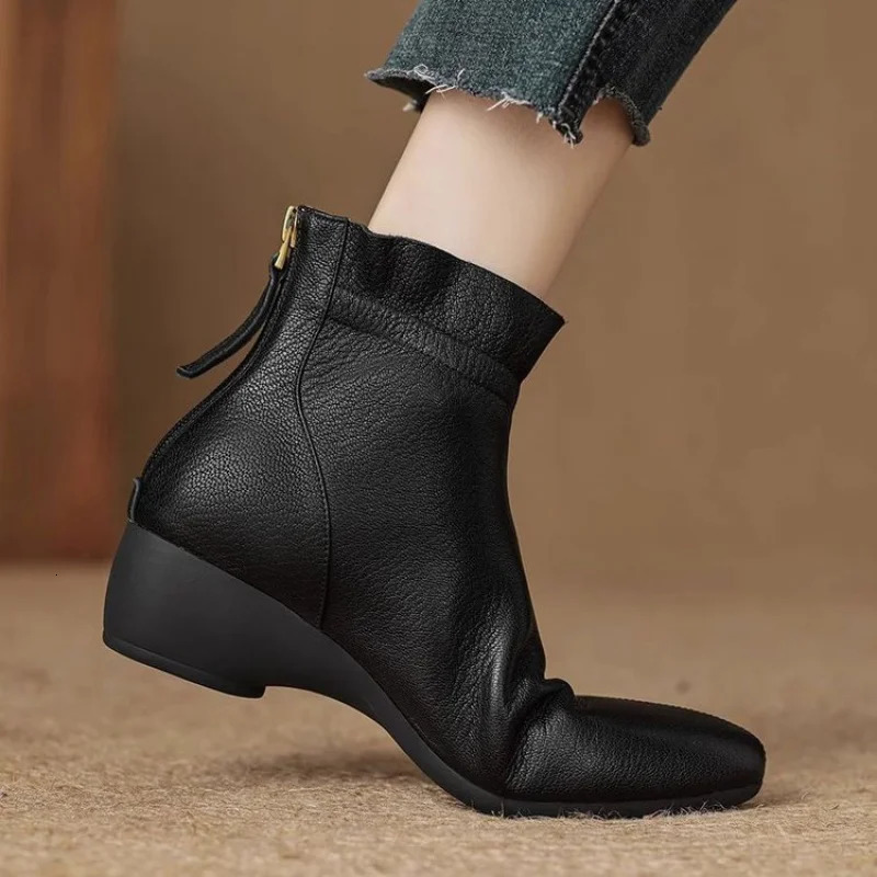 Autumn Winter Womens Soft Leather Ankle Boots Block Low Heel Slip On Side Zipper Comfortable Peep Toe Booties 251121