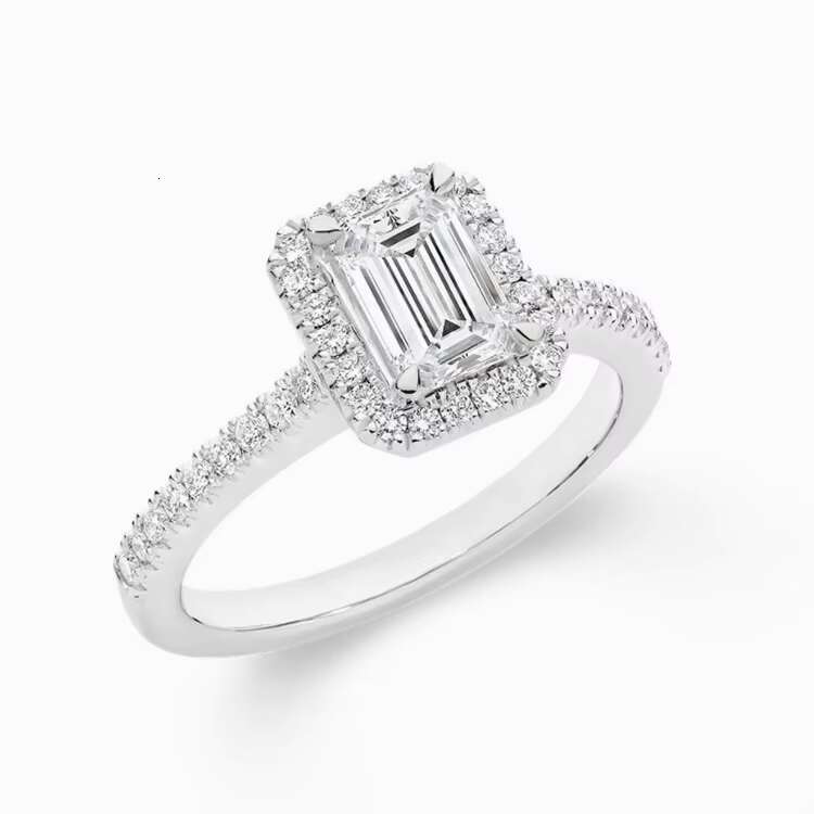 Custom Fine Jewelry 1ct D Color Emerald Cut Moissanite Halo Ring 18K White Gold Moissanite Jewelry Wedding Engagement Ring