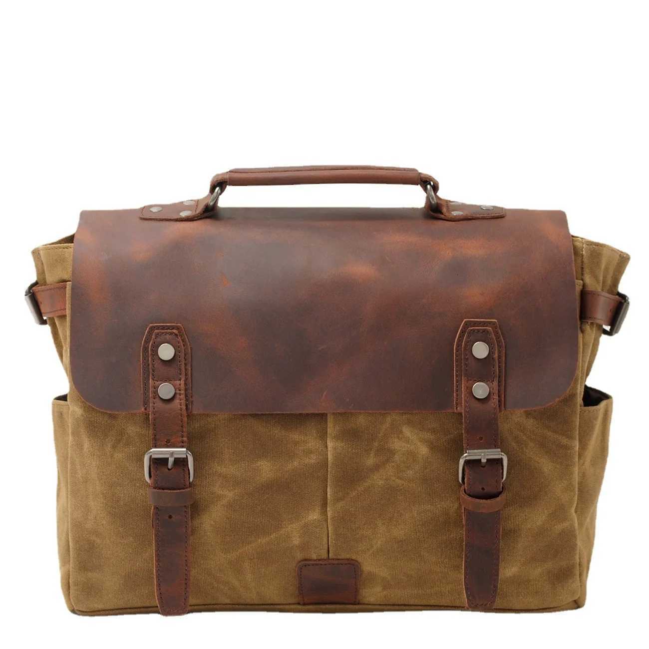 Fashion Vintage Oil Waxed Canvas With Crazy Horse Leather Briefcase European- MenS Bag Vintage Single Shoder Crossbody Tote Y251121