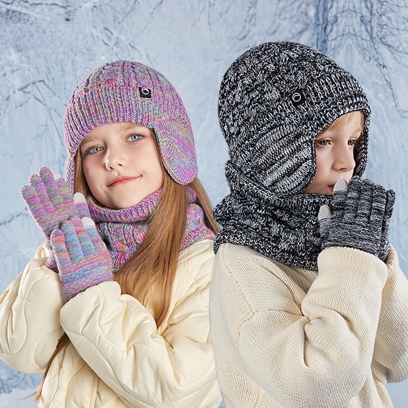 Children's Hat Winter Gloves Warm Three-Piece Set Fleece-Lined Ear Protection Pullover Hat Boys and Girls Outdoor Cold-Proof Knitted Wool Hat fre