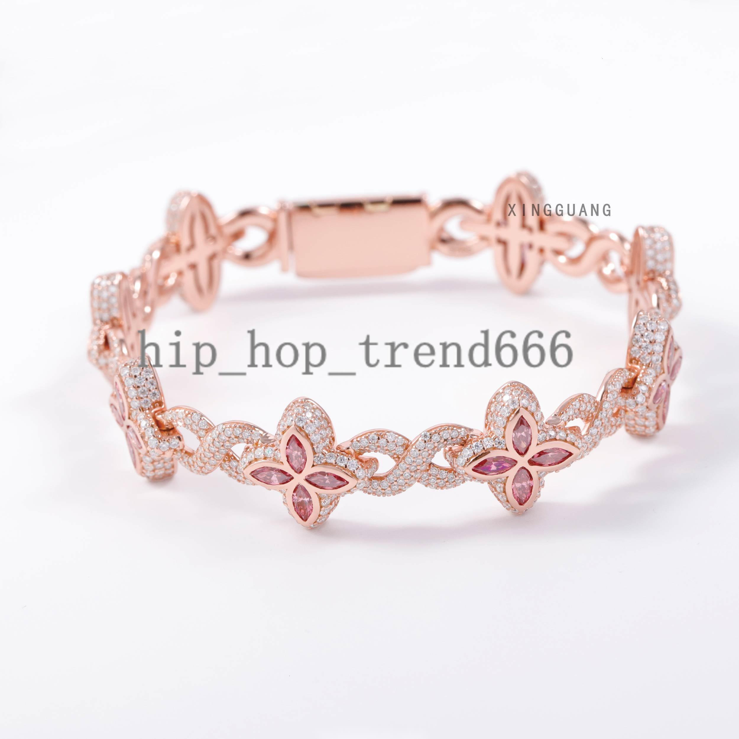 Hot Sale Women Fine pink Green Diamonds Moissanite Clover Charms Infinity Cuban Links Bracelet 925 Silver Cuban Chain Jewelry