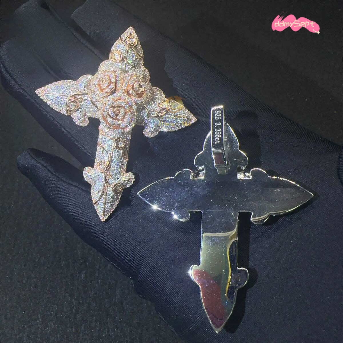 Fashion Man Jewelry Gold Color Hip Hop Dia Rose Flower Cross Pendant Necklace Set ddmysept