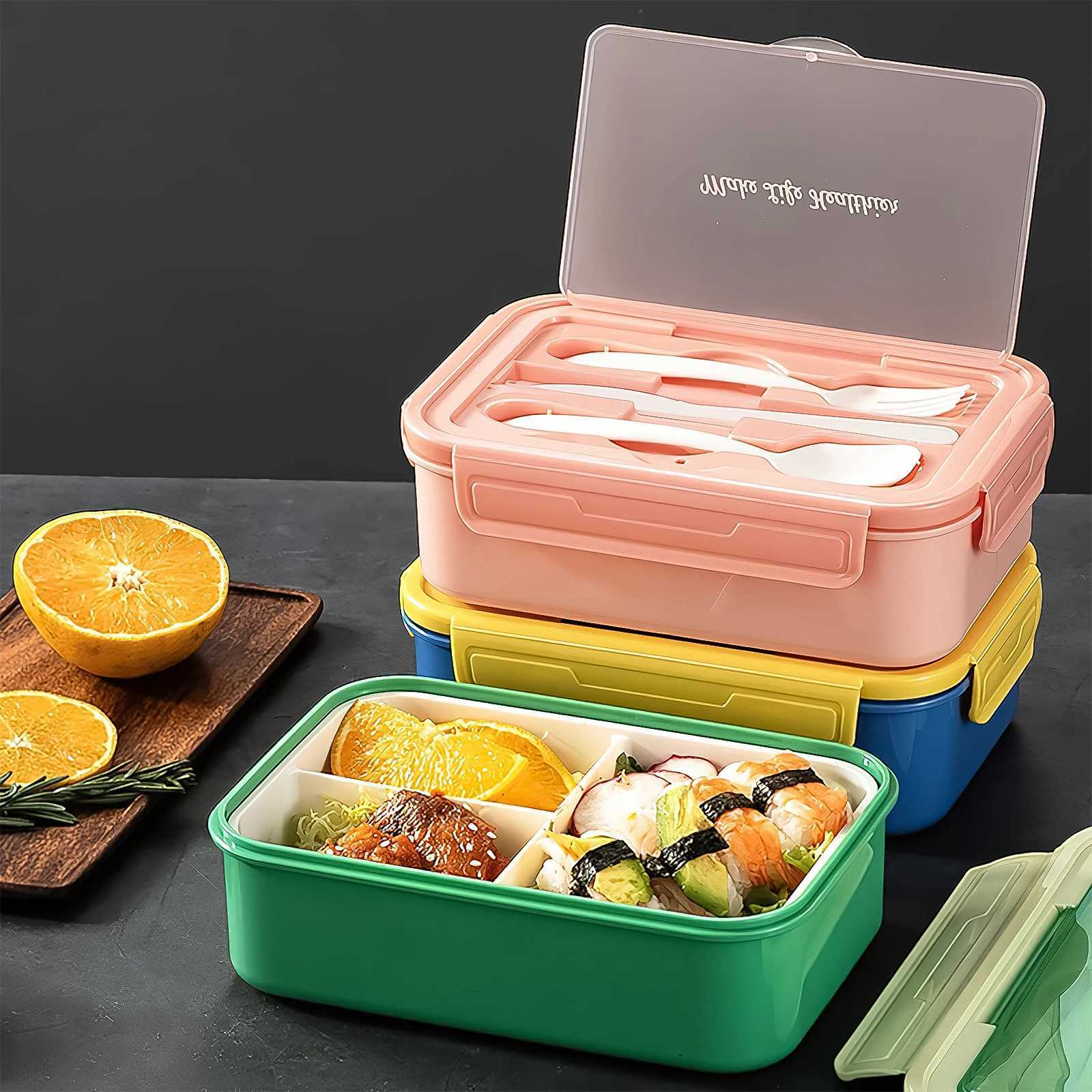 Portable Plastic Bento Lunch Box Leak-proof Microwave With Fork Spoon and Spoon Box Food Container School Travel Office PicnicM251121