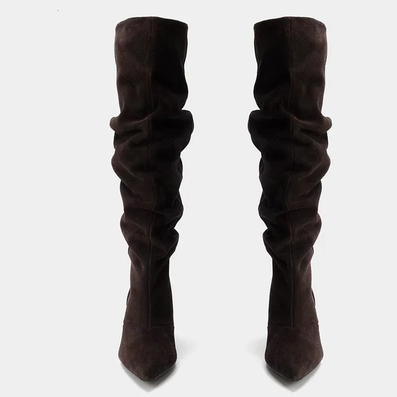 High Quality Faux Suede Boots Women Fashion Pointed Toe Kitten Heel n Autumn Vintage Pleated Zapatos De Mujer 251121