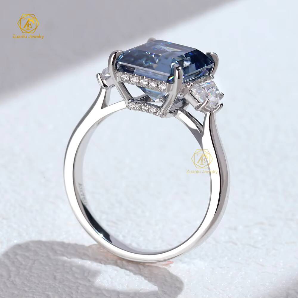 New Design 18K Solid White Gold 3 Carats Emerald Cut Blue Lab Moissanite Diamond Engagement Wedding Ring Dainty Elegant-Factory