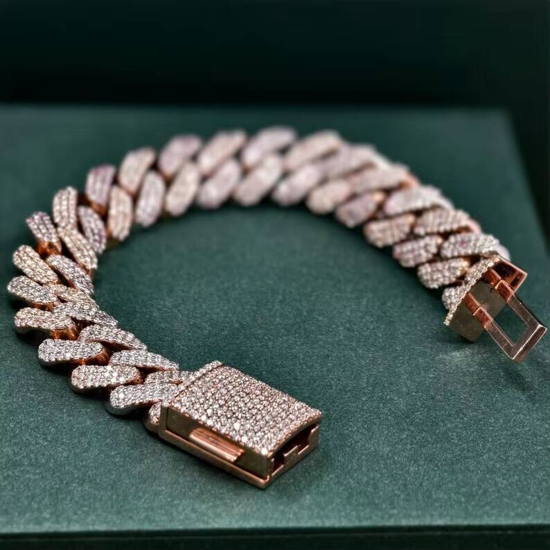 Hip Hop Jewelry 15mm Rose Gold Cuban Link Bracelet with Moissanite Stone 925 Sterling Silver Miami Cuban Link Bracelet for Men