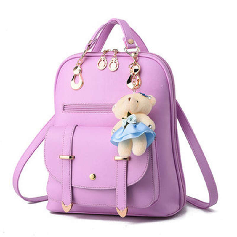 Women's New Korean Trendy Fashion Ladies PU Leather Student Casual Backpack College Style Bear Hanging Bag