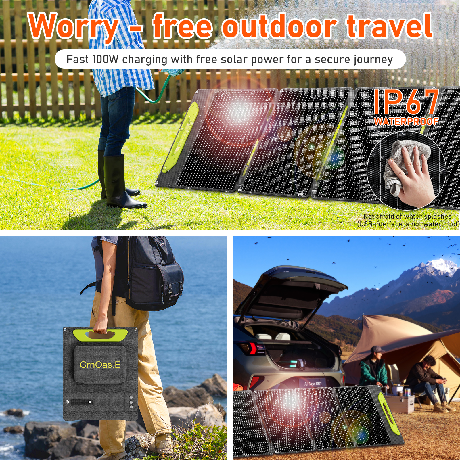 GrnOas.E 100W Foldable Solar Panel Kit with Controller, Charger for Laptop,Road & Camping Trips