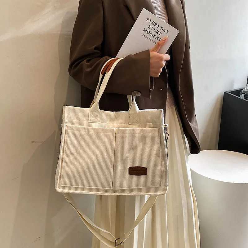 Corduroy Tote Bag for Women Spring Summer Wide Strap Shoulder Bag Crossbody Purse with Pocket Casual Commute Handbag Bucket BagT251121