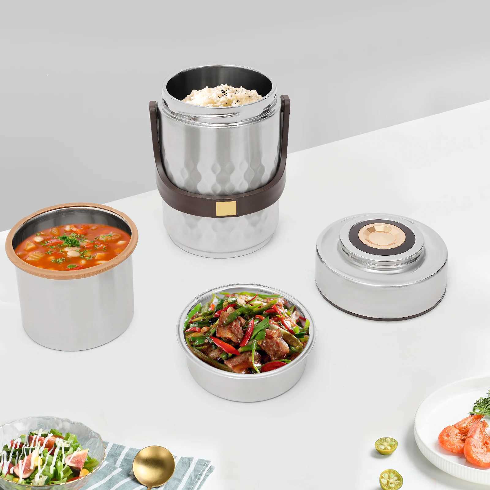 304 Stainless Steel 3-Tier Lunch Box 2L Thermal Food Container Vacuum Insulation Leak-Proof Bento Box Portable Prep ContainerM251121