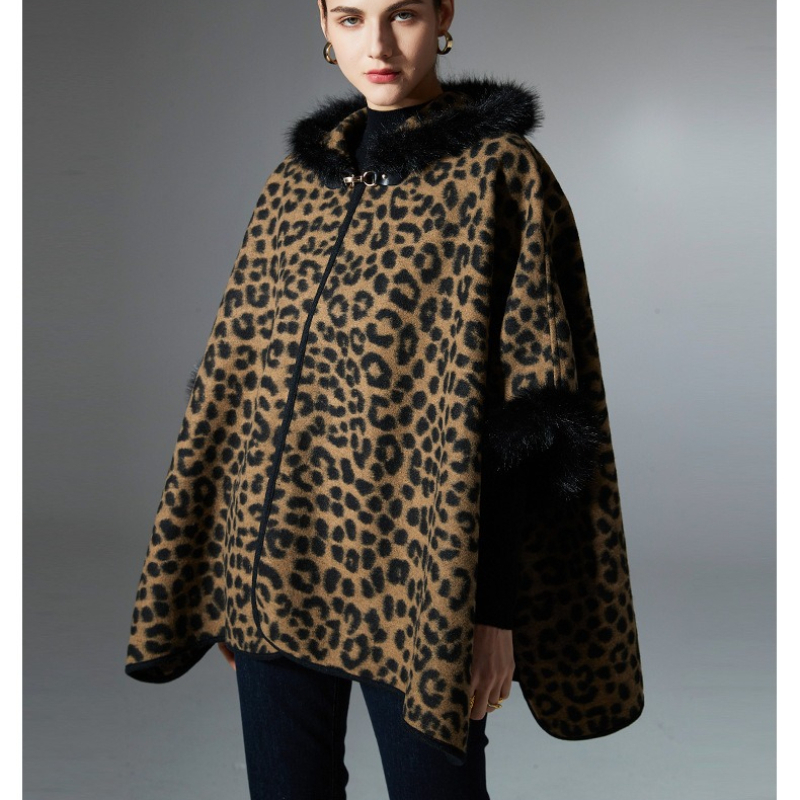 OC278M25 Women Leopard Print Cape Coat Hooded Faux Fur Trim Winter Warm Cardigan Street Fashion Outerwear Autumn Winter