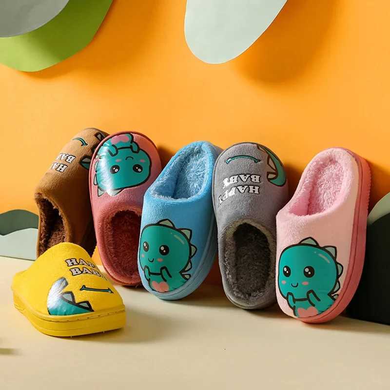 Cartoon Dinosaur Winter Warm Slippers for Kids Boys Girls Non-slip Thickness Soft Soled Slippers for Children Home Plush ShoesW251121