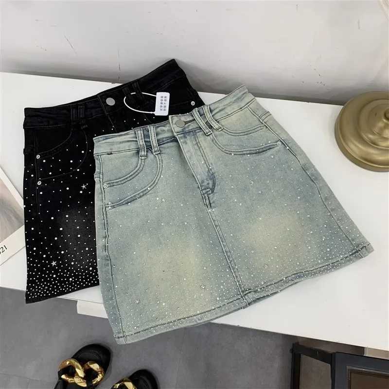 High waisted mini dress rhinestone decoration womens sensitive design denim skirt summer style #17 X250421