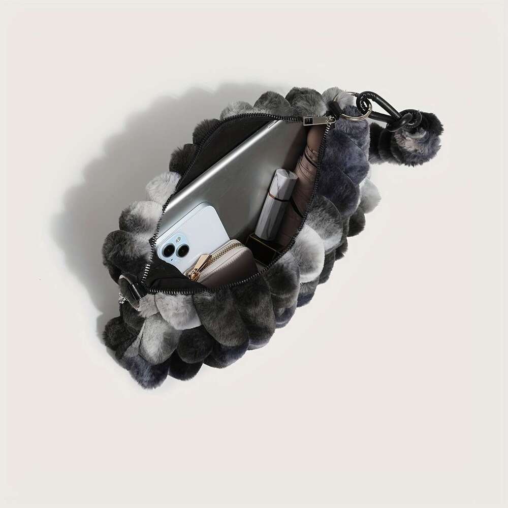 2024 Women's Lightweight Faux Fur Crossbody Detachable Adjustable Chain Strap, Large Capacity Zipper Closure, Mixed Color/Caramel Color, Multifun