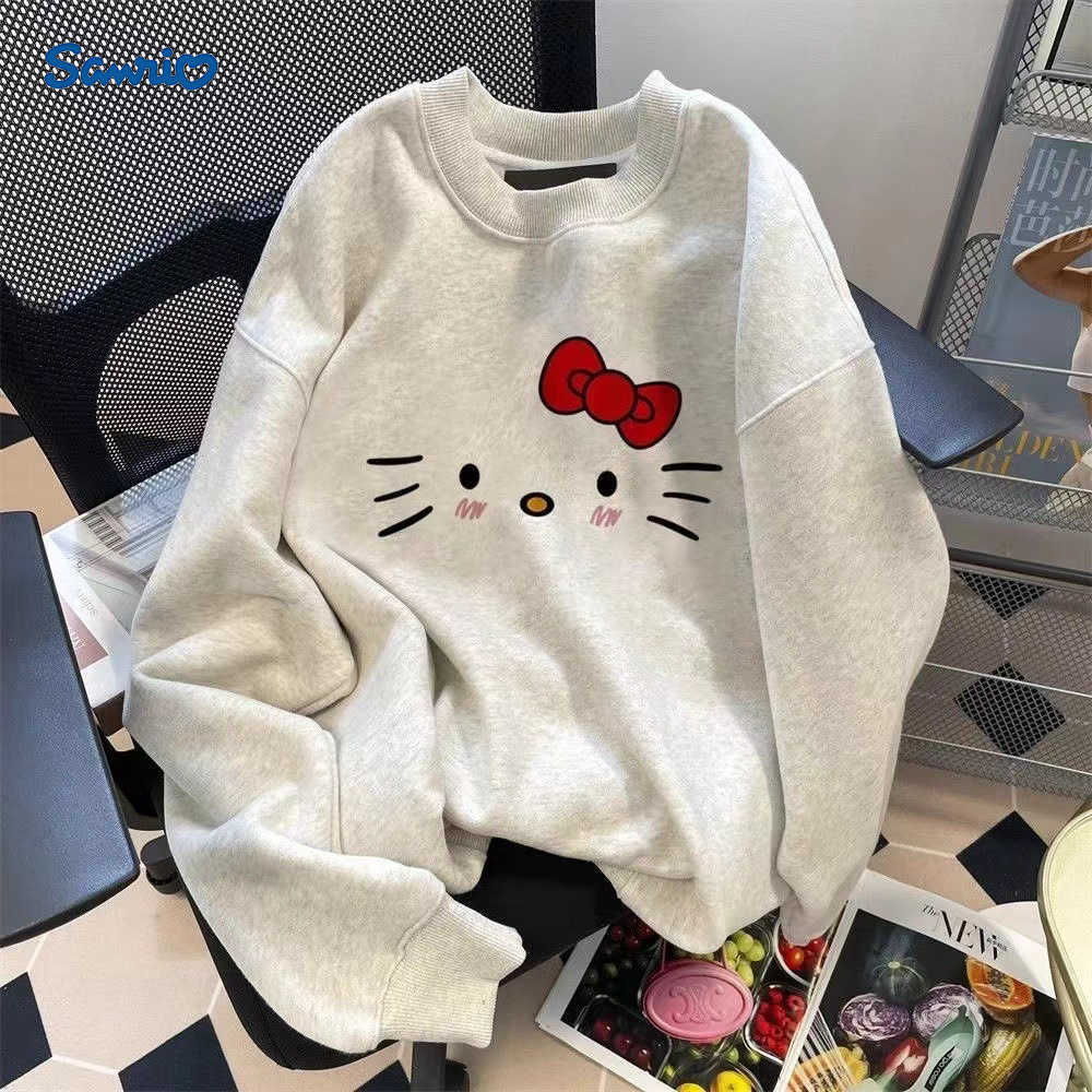 Sanrio KT Cat Long Sleeve Sweatshirt for Women Round Neck 2024 New Spring Autumn Winter Loose Fit White Hoodless Fleece-Lined Thin Top H251121