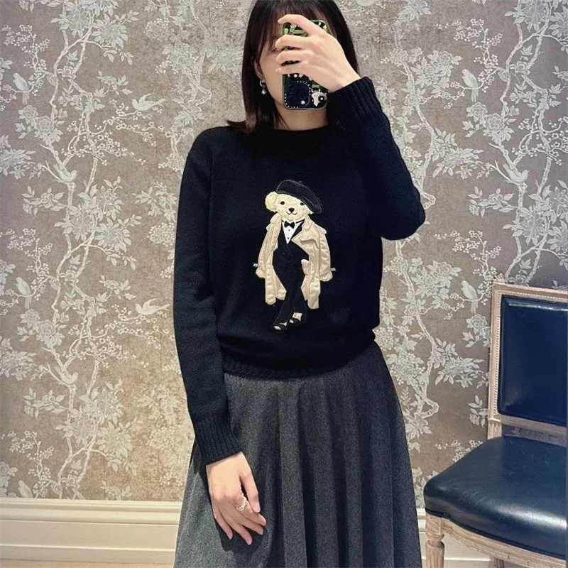 New Autumn Preppy dent Cashmere Sweater Women Cartoon Bear Embroidered O-neck Long Sve Pullover Top Casual Knitwear W251121