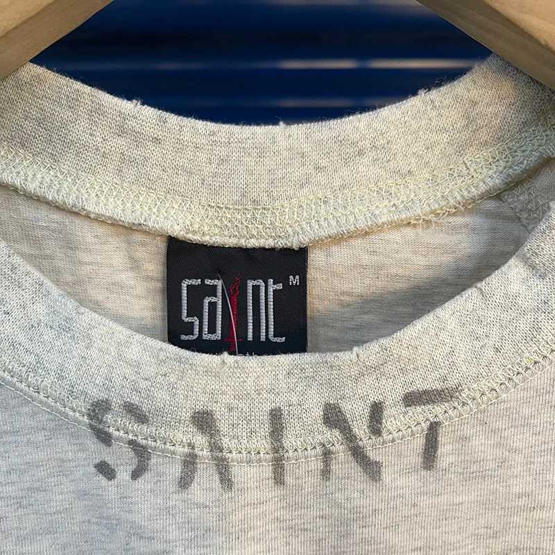25SS New Retro Washed Grey Saint Cloth Mens Street Clothing Character Graphic Printed Brocade T-shirt X250421
