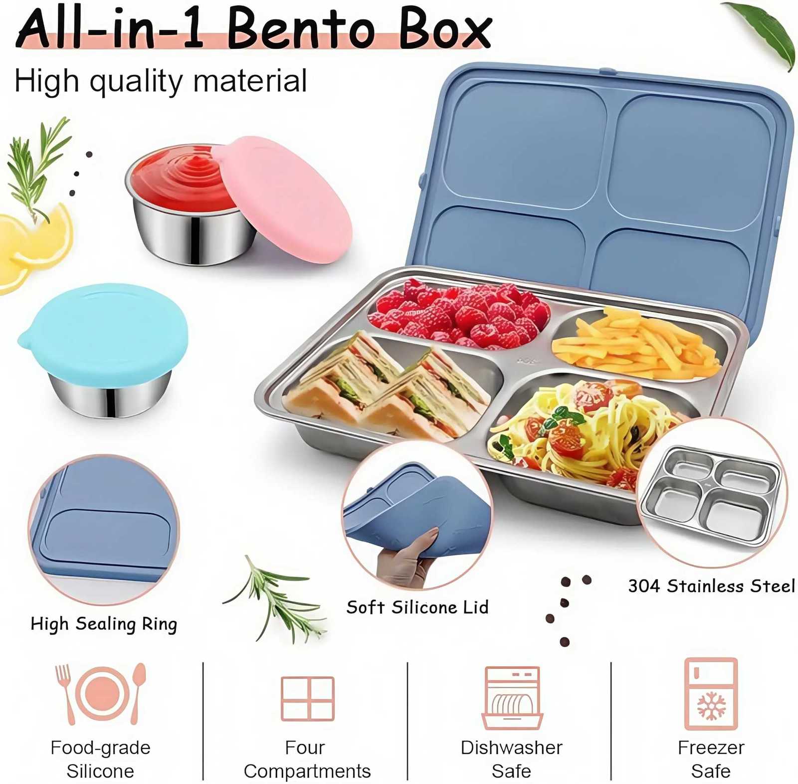 Stainless Steel Kids Lunch Box with 4 Compartments Silicone Lid 65cm for Small Container Ideal for School Meals SnacksM251121