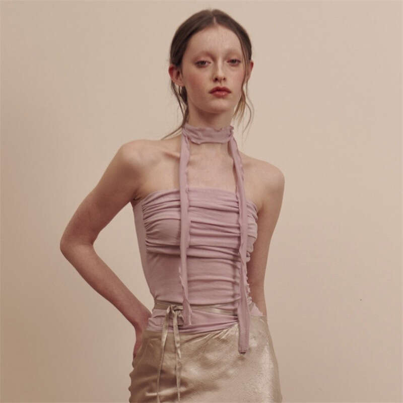 hoodie Women's Wear Spring New Women's Solid Color Slim Fit Fashion One Line Neck Pleated Sexy Backless Tank Top jacket