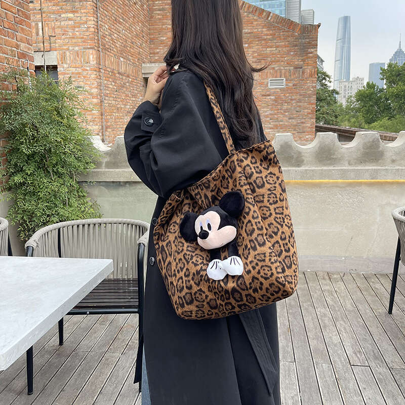Canvas Bag Large Capacity Shopping Bag Korean Niche Leopard Print Velvet Stylish Plush Toy Shopping Handheld New Large Capacity Lazy Should