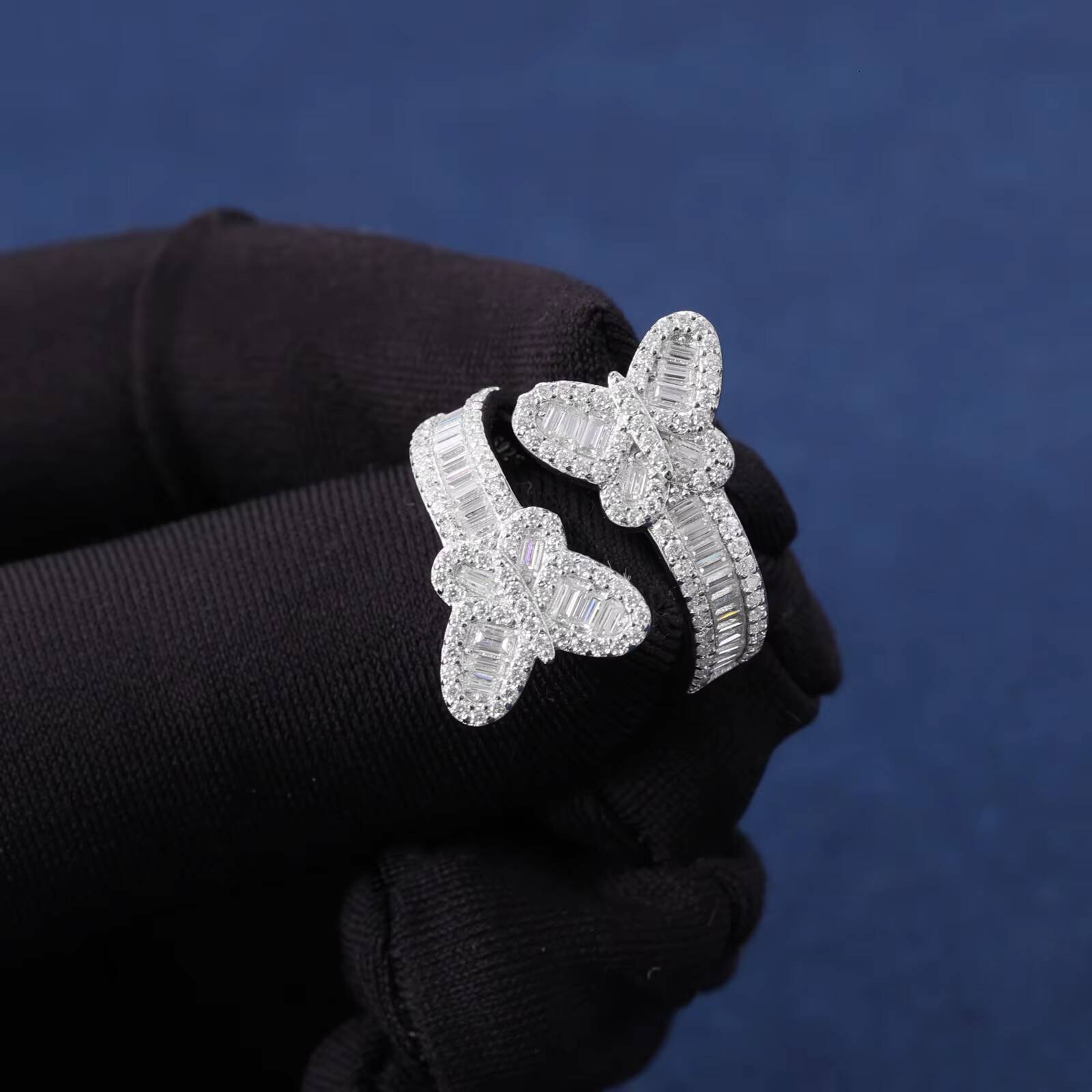 Trendy Wedding Jewelry Gift 925 Sterling Silver VVS D Moissanite Baguette Butterfly Ring Luxury Adjustable Accessories Jewelry