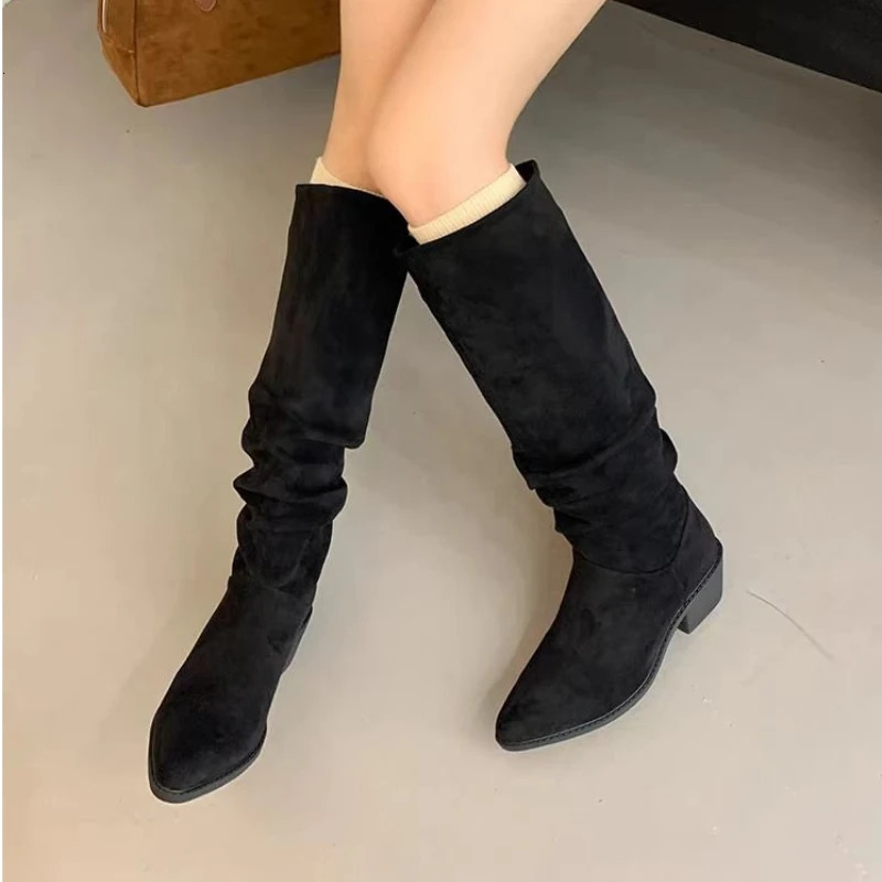 Retro pleated suede Long boots for women winter fashion chunky stiletto sexy Large size versatile womens 251121