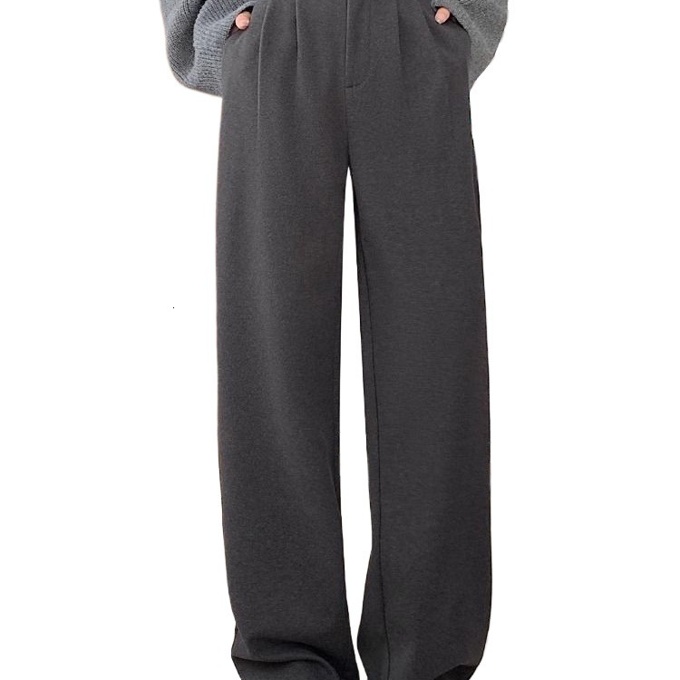 Designer luxury Gray Woolen Suit Pants for Women, Autumn Winter 2025 New High Waist Fleece Narrow Version Petite Loose Straight Wide Leg Pants