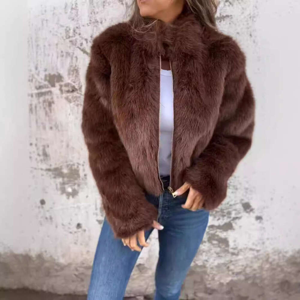 Fashion European Women's and Amazon American CrossBorder New Autumn Winter Faux Fur High Collar Zipper Short Casual Jacket Coat