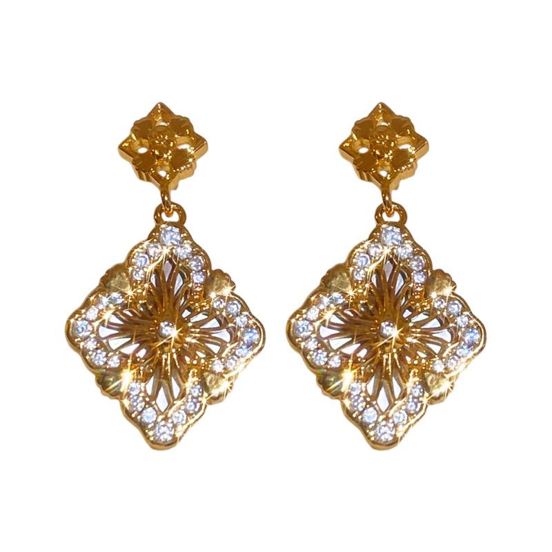 Real Gold Plated Silver Needle Flower Mother-of-Pearl Zircon Double-Sided Design Sense Studs Vintage Fashion Light Luxury Earrings for Women - view 6