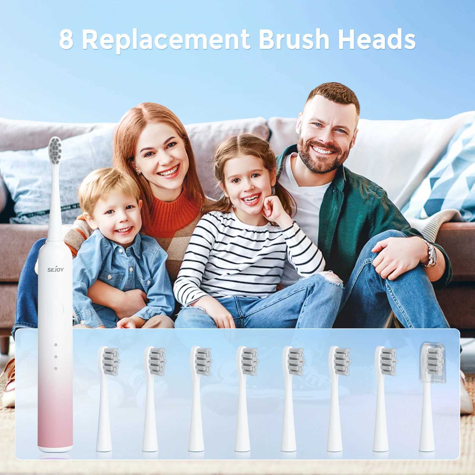Sejoy 8001Electric Sonic Toothbrush Rechargeable with 8 Replacement Heads 5 Modes Electronic Tooth Brushes C251121