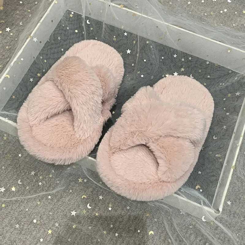 Winter New Kids Open-toe Slippers Solid Color Versatile Girls Home Cotton Shoes Fashion Warm Fluffy Children Fur Slippers SoftW251121