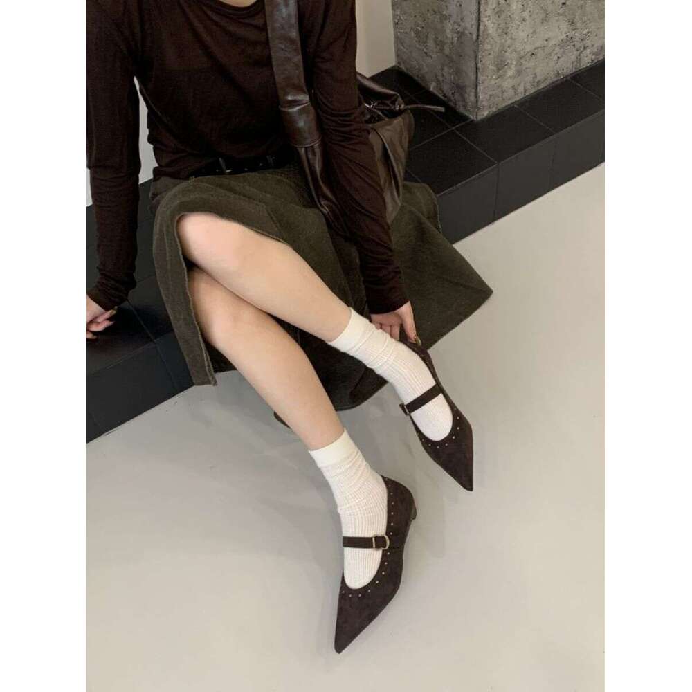 Khaki Rivet Designer Shoe Flat Heel Fall pointed toe Elegant Mary Jane womens dress Shoes