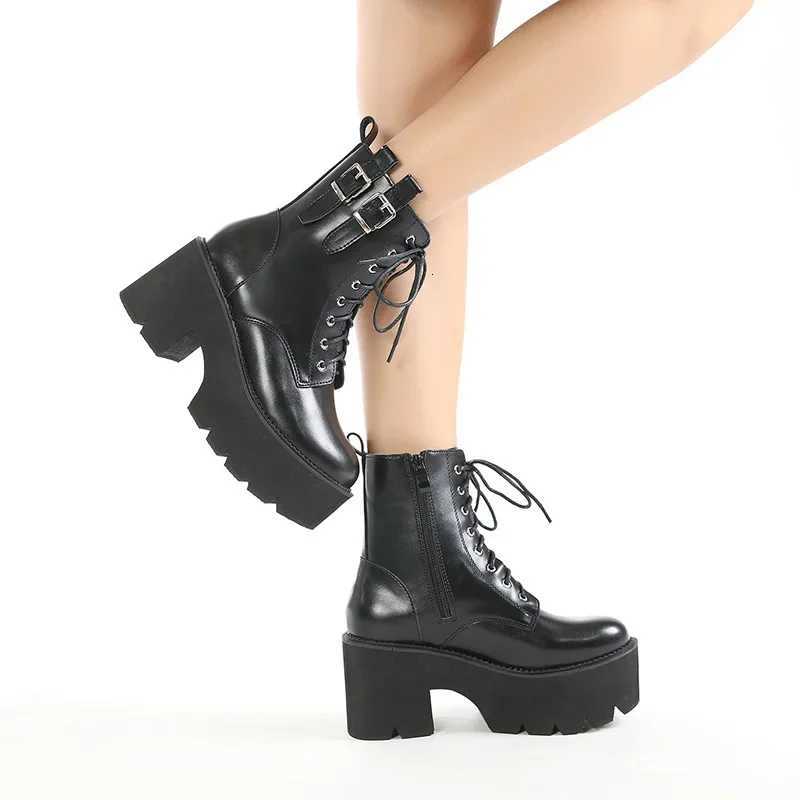 2025 Women Ankle Boots Platform Square High Heel Ladies Motorcycle Boots Patent PU Leather Side Zipper Women Lace Up Boot Black H251121