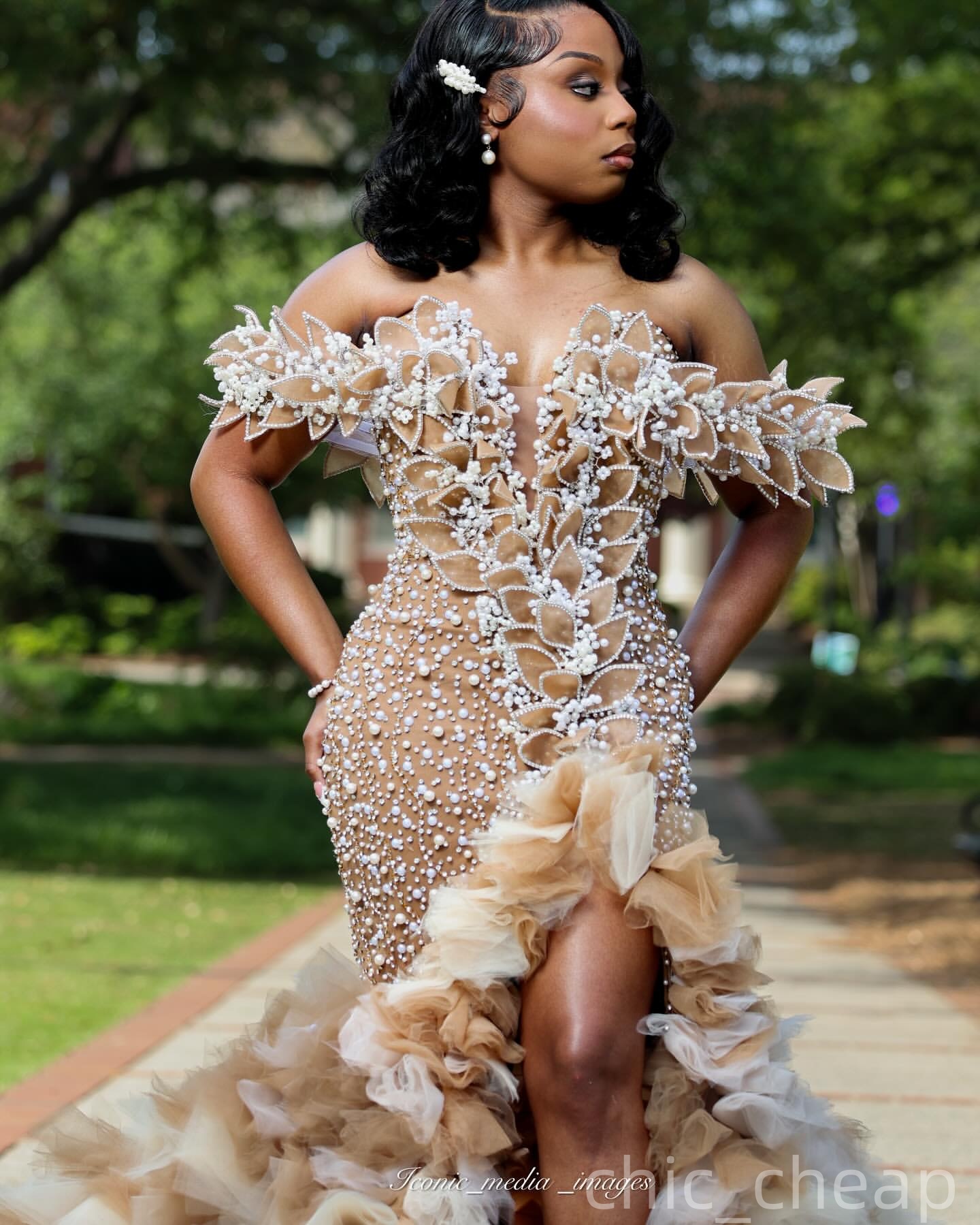 Champagne Mermaid Prom Dresses 2025 Florals Tiers Pearls Evening Formal Party Second Birthday Engagement Gowns Plus Size Dress For Special Occasions