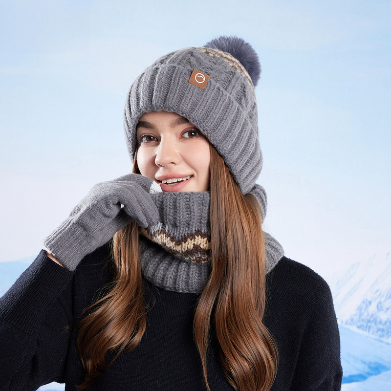 Winter Hat designer Scarf Gloves Three-Piece Set Outdoor Cold-Proof Warm Pullover Hat Fleece-Lined Ear Protection Knitted Wool Hat for Women free ship