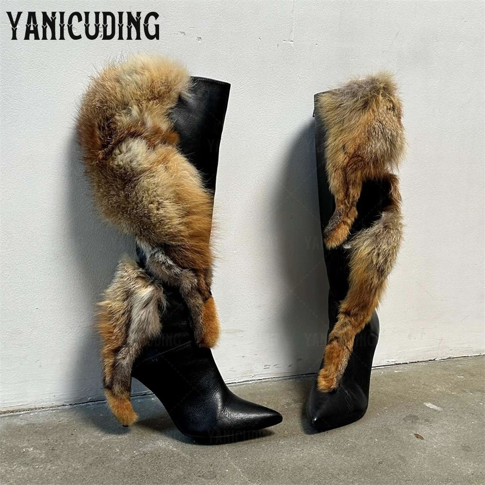Patchwork Leather Fur Boots y Style Stiletto Knee High ner Handmade Zipper Customized Womens 251121