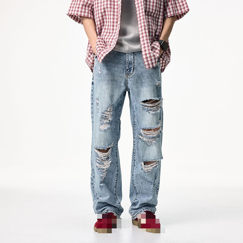 Street beggar pants, straight-leg style, monkey cat whiskers, hand-sewn with sand and washed with water---NB0081