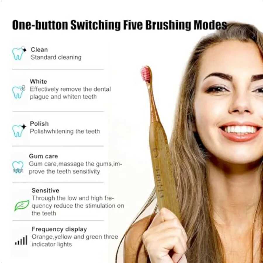 Electric Bamboo Toothbrush Sonic Toothbrush 4 Replaceable Bamboo Brush Heads EcoFriendly IPX7 Waterproof Electric Toothbrush On C251121