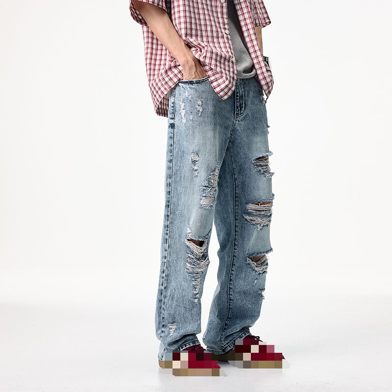 Street beggar pants, straight-leg style, monkey cat whiskers, hand-sewn with sand and washed with water---NB0081